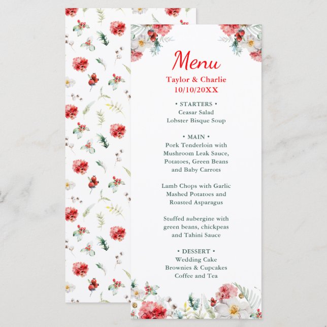 Menu Mariage d'hiver élégant avec verdure florale (Devant / Derrière)
