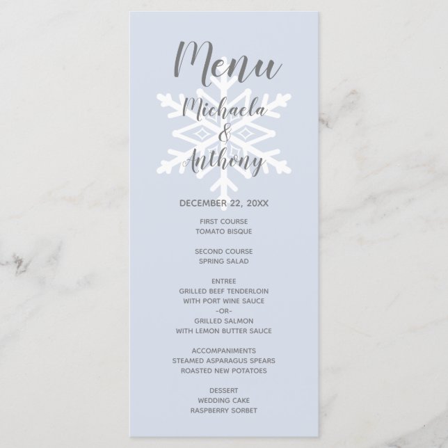 Menu Mariage d'hiver flocon de neige bleu poussiéreux (Devant)