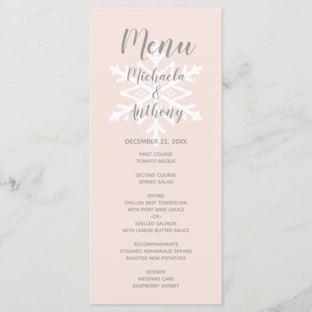 Menu Mariage d'hiver flocon de neige rose pastel (Devant)