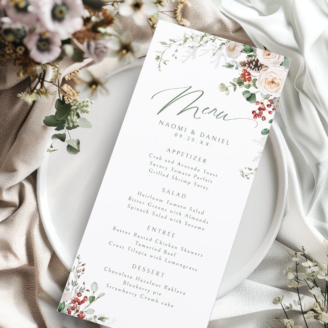 Menu Mariage d'hiver floral festif élégant (Elegant Festive Floral Holiday Winter Wedding Menu)