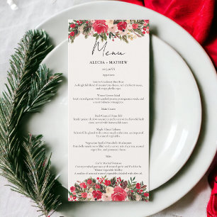 Menu Mariage d'hiver rustique rouge vert floral