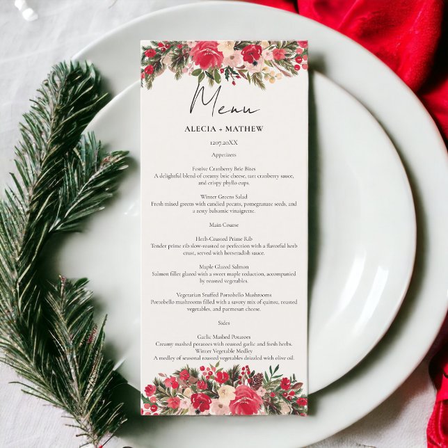 Menu Mariage d'hiver rustique rouge vert floral (Rustic Red green Floral Winter Wedding Menu)