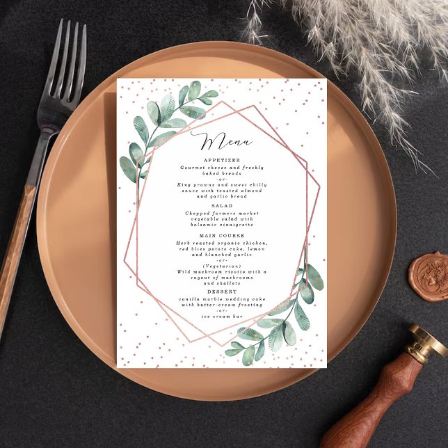 Menu Mariage d'huile d'or Eucalyptus Rose géométrique (Créateur téléchargé)
