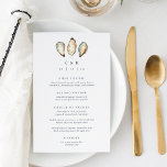 Menu Mariage d'huîtres d'aquarelle côtière<br><div class="desc">Partagez les détails de votre menu de réception de mariage dans un style élégant avec ces menus mariages côtiers en blanc avec du lettrage marine et un trio d'illustrations aqua et ivoire en coquille d'huîtres aquarelle. Ajoutez vos initiales et la date du mariage en haut, puis customisez les éléments du...</div>
