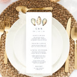 Menu Mariage d'huîtres d'aquarelle côtière<br><div class="desc">Partagez les détails de votre menu de réception de mariage dans un style élégant avec ces cartes de menu mariage côtier en blanc avec des lettres de marine et un trio d'aqua et d'ivoire d'illustrations en coquille d'huîtres aquarelle. Ajoutez vos initiales et la date du mariage en haut, puis customisez...</div>