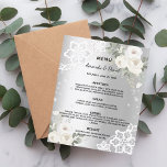 Menu mariage diamant floral blanc argenté<br><div class="desc">Un arrière - plan faux argenté décoré de fleurs blanches,  de roses,  de diamants et de dentelle blanche. Personnalisez et ajoutez vos noms et le menu. 1 feuille = 1 menu imprimé bord à bord.</div>