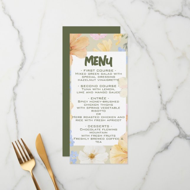 Menu Mariage d'illustration florale aquarelle (Devant/Arrière en situation)