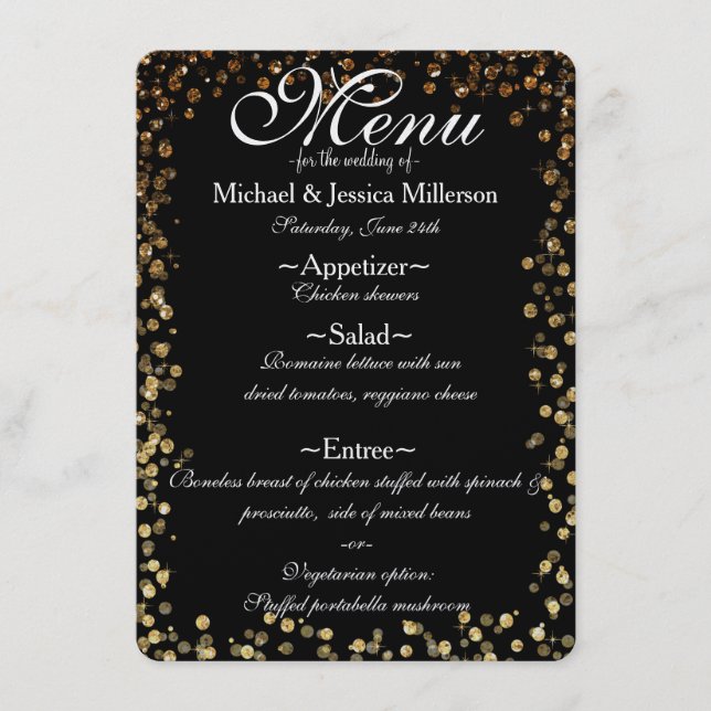 Menu Mariage d'impression Black and Gold Bokeh (Devant)