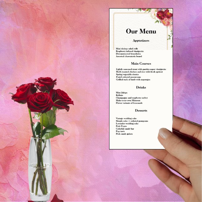 Menu Mariage Dîner Cadre Or Aquarelle Fleurs (Créateur téléchargé)