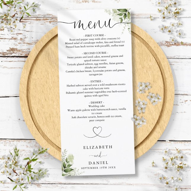 Menu Mariage dîner coeur floral verdure écriture (Greenery Floral Heart Script Wedding Dinner Menu)