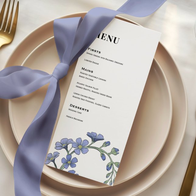 Menu Mariage Dîner Fleurs Moderne Bleu Myosotis (Créateur téléchargé)