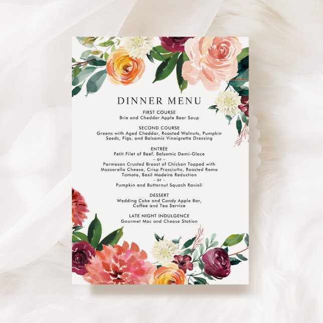 Menu Mariage Dîner Floral Automnal Rustique Bourgogne R (Créateur téléchargé)