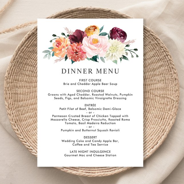 Menu Mariage Dîner Floral Rustique Bourgogne Rose Autom (Créateur téléchargé)