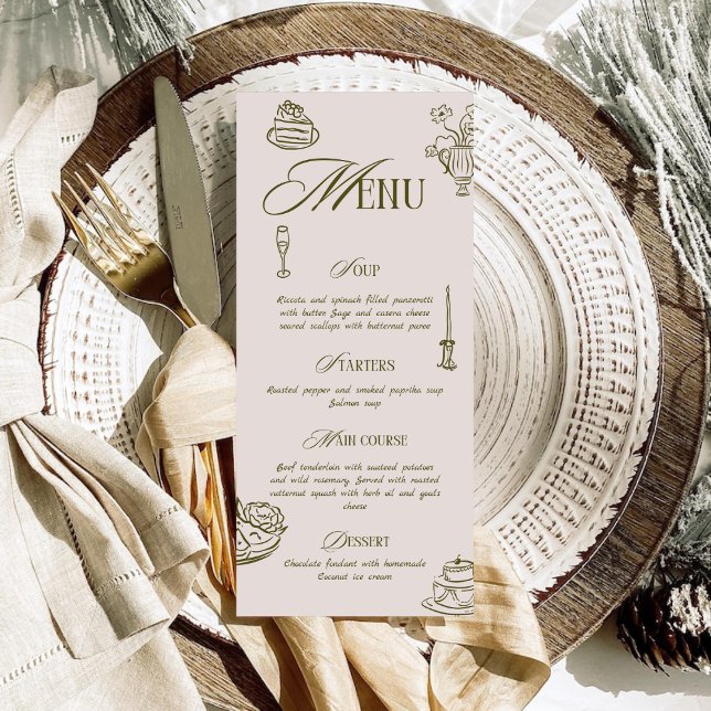 Menu Mariage Dîner Illustré Rétro Vert Dessiné à la Mai (Créateur téléchargé)