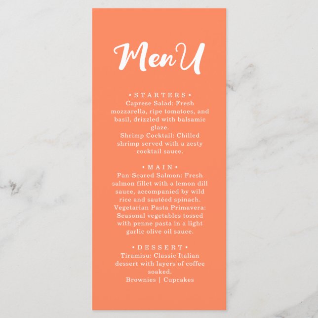 Menu Mariage Dîner Moderne Tendance Corail Orange (Devant)