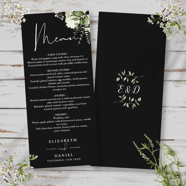 Menu Mariage Dîner Monogramme en Noir et Blanc avec Feu (Black And White Greenery Monogram Wedding Dinner Menu)