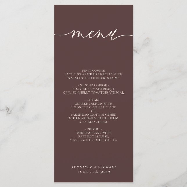 Menu Mariage Dîner Simple Script Brun Chocolat (Devant)