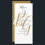 Menu Mariage d'initiaux dorés simple et élégant<br><div class="desc">Ce design présente un arrangement élégant mais simple des initiales personnalisées de la mariée et du marié. Le texte noir est placé sur les initiales du prénom de la mariée et du marié qui sont affichées dans la typographie en couleur dorée. Ce design noir, blanc et or est simple mais...</div>