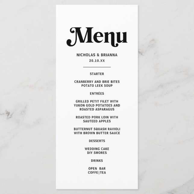 Menu Mariage Disco Rétro Noir et Blanc (Devant)