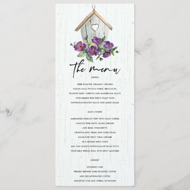MENU MARIAGE D'OISEAUX FLORAUX EN BOIS BLANC (Devant)