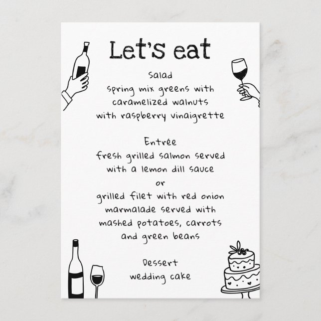 Menu Mariage Doodle Dessiné à la Main | Vin Moderne (Devant)