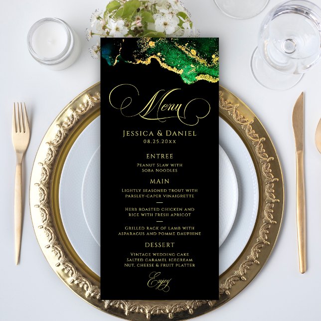 Menu Mariage d'or en bronze noir brillant (Stunning Black Green Bronze Gold Wedding Menu)