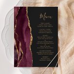 Menu Mariage doré foncé de Bourgogne<br><div class="desc">Le bord gauche de cet élégant menu mariage moderne comporte une bordure d'aquarelle rouge bordeaux ornée d'une parties scintillant en faux or. Le texte personnalisable combine un script d'écriture fantaisiste couleur or et des polices de cuivre sur un arrière - plan noir en ardoise. L'envers est assorti d'un design d'agate...</div>