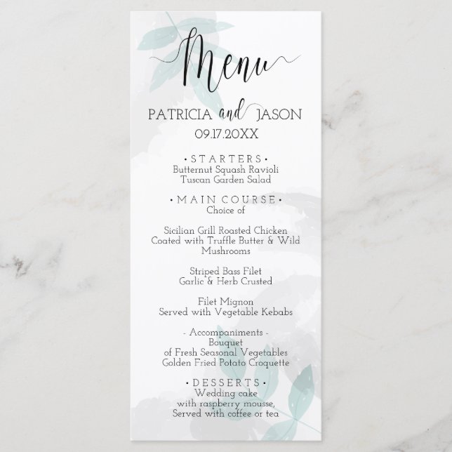 Menu Mariage doux menthe et gris (Devant)