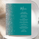 Menu Mariage du bord de Parties scintillant argent<br><div class="desc">Le bord gauche de cet élégant menu mariage moderne présente une bordure de parties scintillant en faux argent. Le texte personnalisable combine écriture manuscrite gris argenté et polices cuivre sur un arrière - plan bleu turquoise. L'envers présente un design turquoise et argenté assorti.</div>