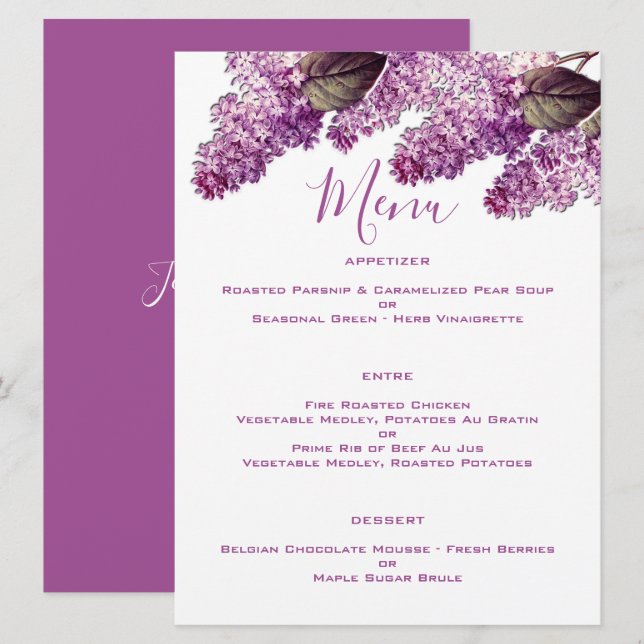 Menu Mariage du jardin de printemps de Lilac (Devant / Derrière)