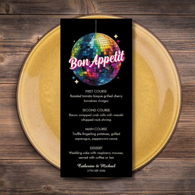 Menu Mariage du Party Disco Ball Sparkle Glam des année (Flat lay retro 70s disco ball wedding dance themed wedding sparkle vintage party glam festive Menu)