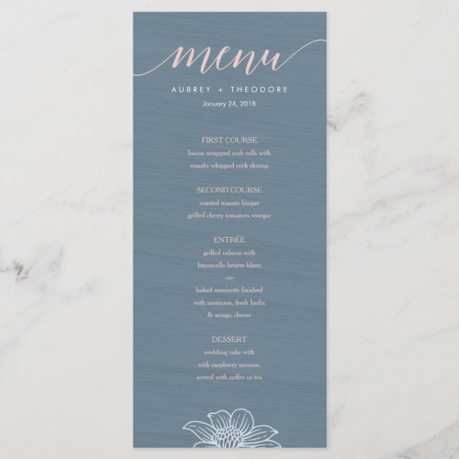 Menu Mariage Dusty Blue & Blush Flowers - Dark (Devant)