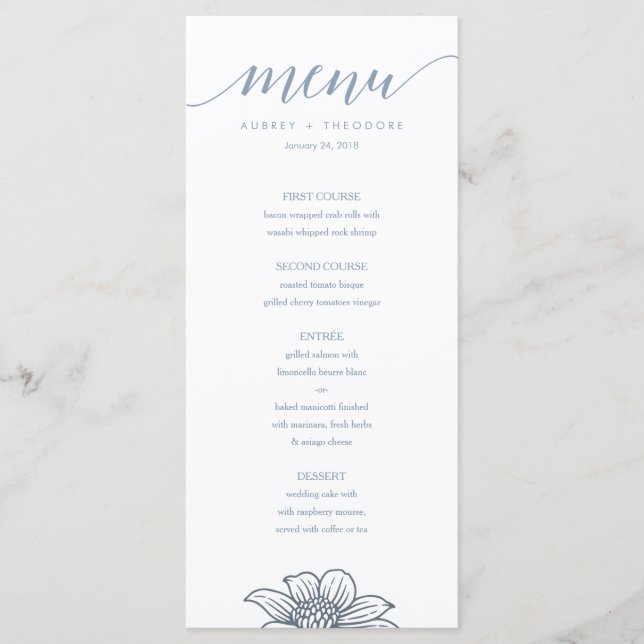Menu Mariage Dusty Blue & Blush Flowers - Léger (Devant)