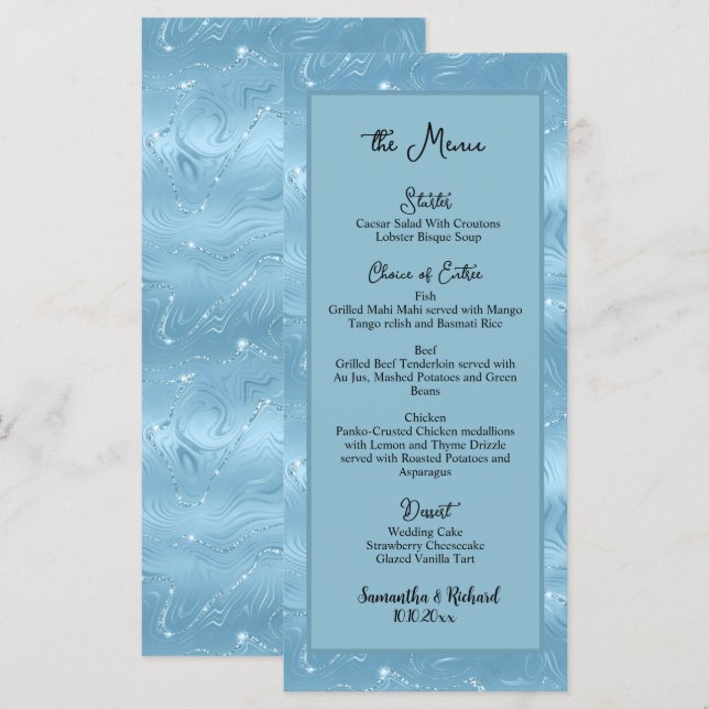 Menu Mariage Dusty Blue Silver Parties scintillant (Devant / Derrière)