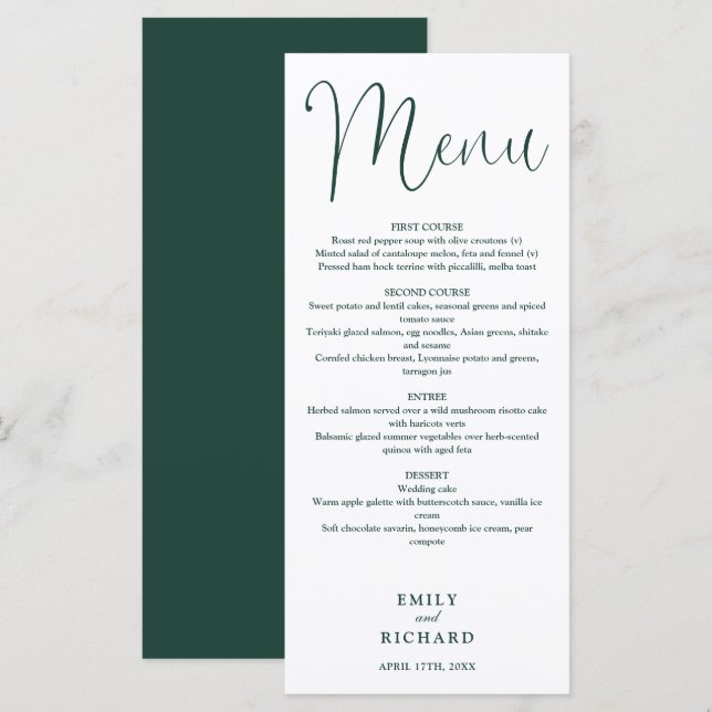 Menu Mariage Écriture Calligraphie Vert Émeraude (Devant / Derrière)