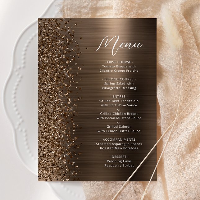 Menu Mariage écriture métallique bronze pailleté (Créateur téléchargé)