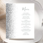 Menu Mariage Edge de Parties scintillant argent bl<br><div class="desc">Le bord gauche de cet élégant menu mariage moderne présente une bordure de parties scintillant en faux argent. Le texte personnalisable combine un script d'écriture manuscrite gris et des polices de cuivre sur un arrière - plan blanc. L'envers affiche un design blanc et argenté assorti.</div>