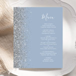 Menu Mariage Edge de Parties scintillant argent bl<br><div class="desc">Le bord gauche de cet élégant menu mariage moderne présente une bordure de parties scintillant en faux argent. Le texte personnalisable combine un script d'écriture manuscrite blanc et des polices de cuivre sur un arrière - plan bleu poussiéreux. L'envers présente un design bleu et argent poussiéreux assorti.</div>