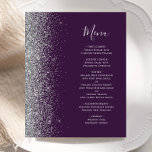 Menu Mariage Edge de Parties scintillant d'argent<br><div class="desc">Le bord gauche de cet élégant menu mariage moderne présente une bordure de parties scintillant en faux argent. Le texte personnalisable combine écriture manuscrite gris argenté et polices cuivre sur un arrière - plan violet foncé. L'envers est assorti d'un design violet et argenté.</div>