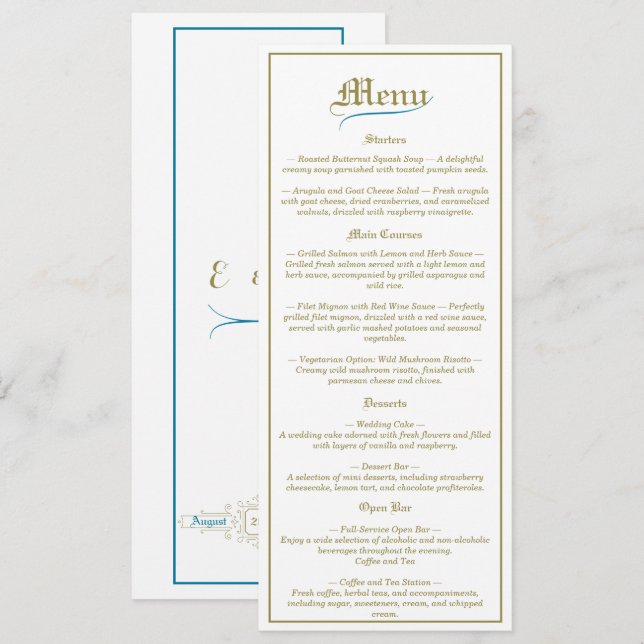 Menu Mariage Élégance vintage (Devant / Derrière)