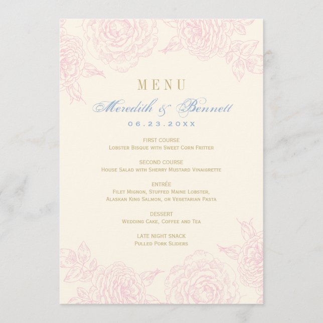 Menu Mariage Élégant à Bordure de Rose Florale Rose (Devant)