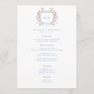 Menu Mariage Élégant à Crête de Fleur Sauvage Pastel Bl