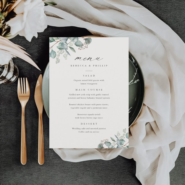 Menu Mariage élégant à la gouache avec verdure et eucal (Elegant Eucalyptus Greenery Wedding Dinner Menus.)