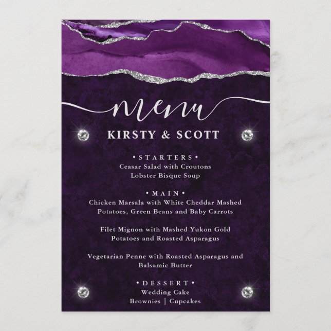 Menu Mariage élégant à l'agate violette et argent (Devant)