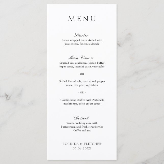 Menu Mariage élégant à l'ancienne en noir et blanc (Devant)