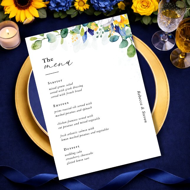Menu Mariage élégant à l'aquarelle jaune et bleu à moti (Créateur téléchargé)