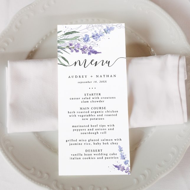 Menu Mariage élégant à l'aquarelle lavande (Elegant Lavender Watercolor Wedding Menu)