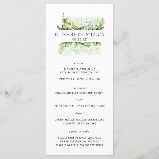 Menu Mariage Élégant à l'Aquarelle Méditerranéen Olive (Devant)