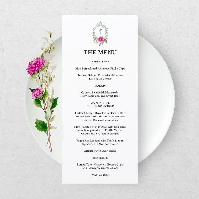Menu Mariage Élégant à Monogramme de Pivoine Rose Flora (Créateur téléchargé)