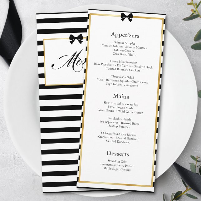 Menu Mariage élégant à rayures noires et blanches avec  (Créateur téléchargé)